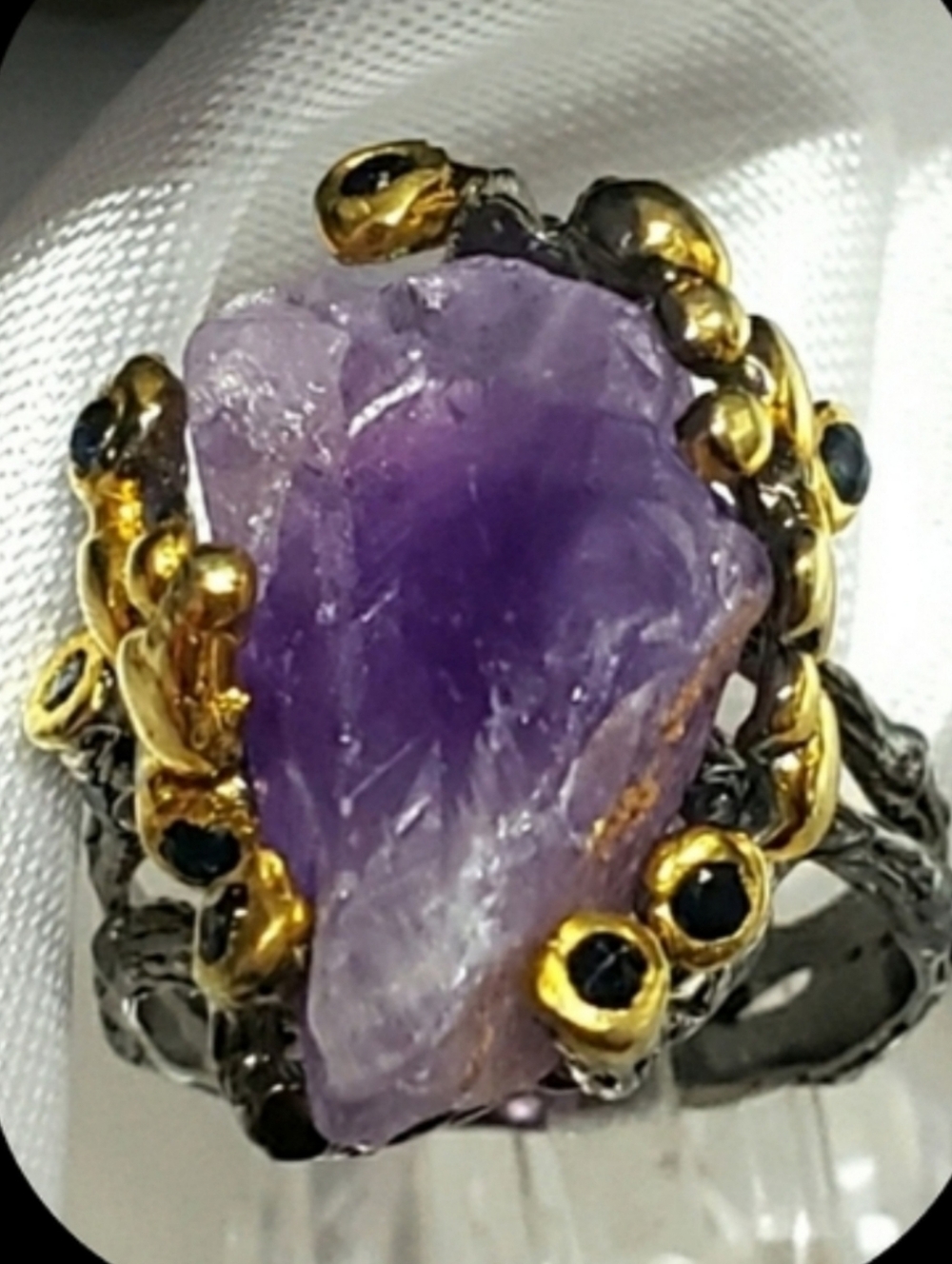 Natural Amethyst/Coral Crystal by Nature artist Apbe Kadea 14K & SS Size 8